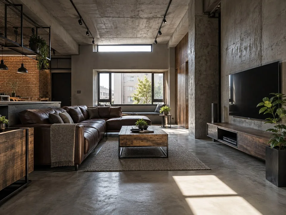工業/LOFT客廳 AI 設計示意:水泥紅磚、黑鐵框架、復古皮革